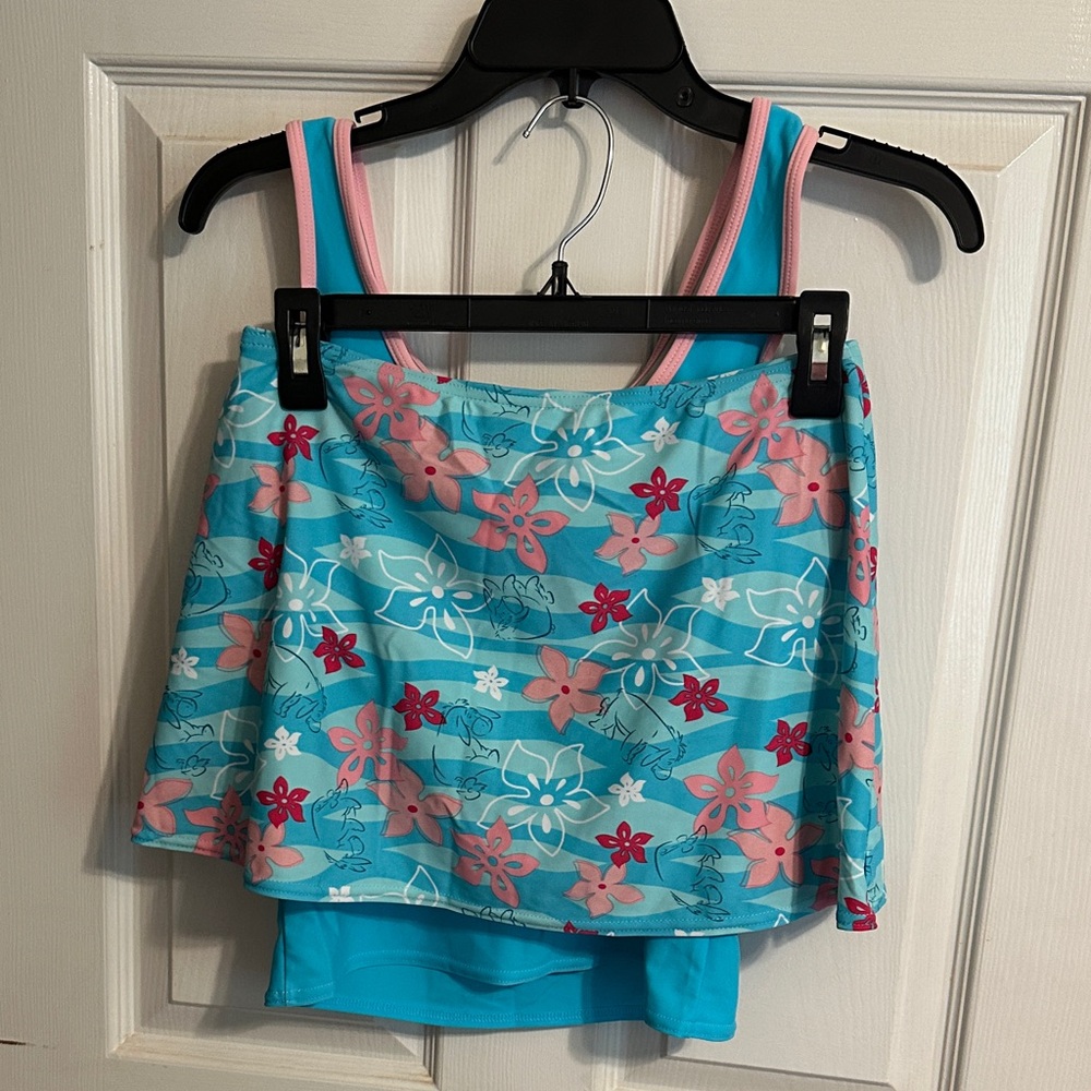 Disney Girls Turquoise Swim Top with Pink Trim and Floral Sleeves - Picture 3 of 8